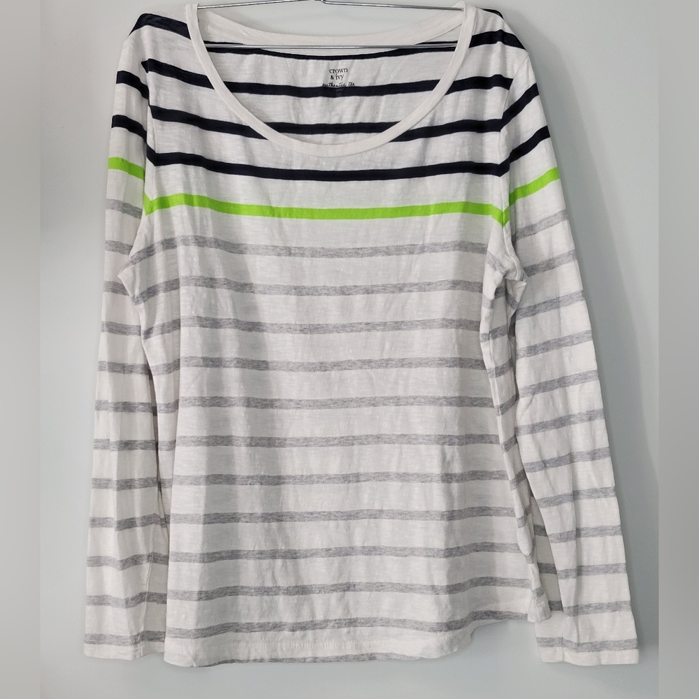 Crown & Ivy Authentic Tee Striped White Navy Blue Gray Green Shirt Top Sz XL